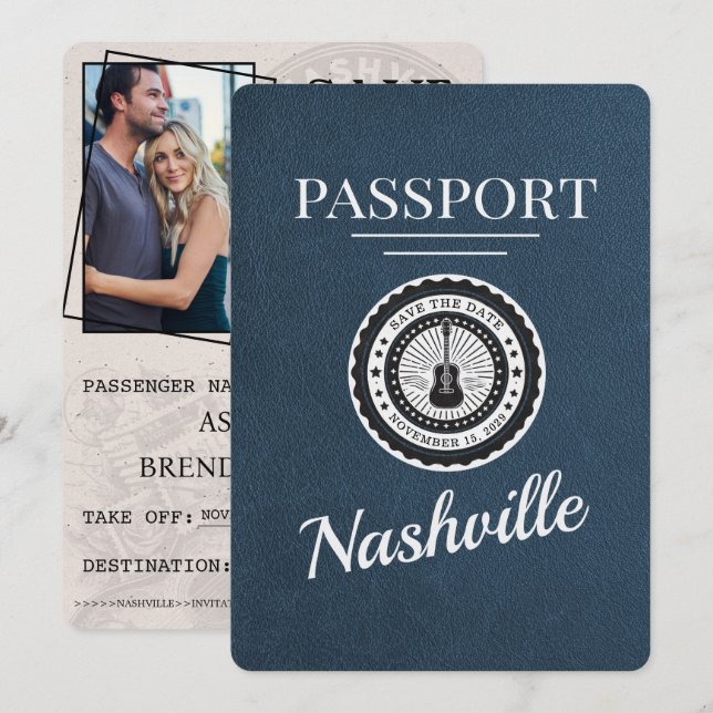 Navy Blue Nashville Passport Save The Date (Front/Back)