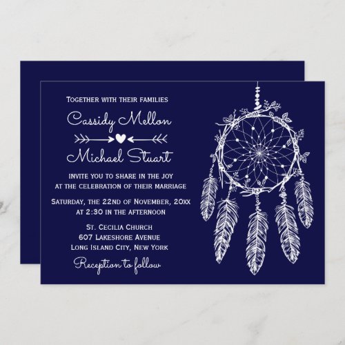 Navy Blue Native American Dream Catcher Wedding Invitation