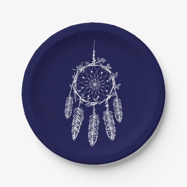 Navy Blue Native American Dream Catcher Wedding Paper Plates (Front)