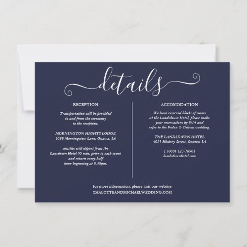 Navy Blue Nautcial Wedding Details Information  Invitation