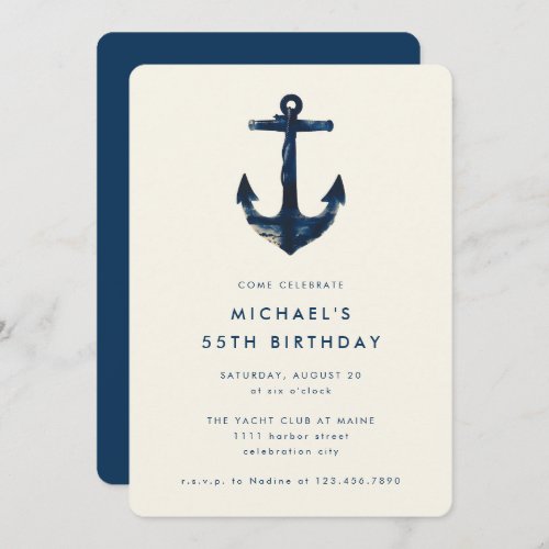 Navy Blue Nautical Anchor 55th Birthday Party  Invitation