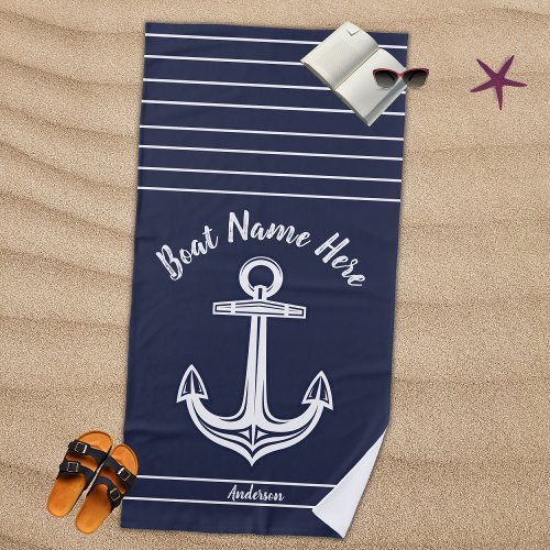 Navy Blue Nautical Anchor Add Boat Name  Beach Towel