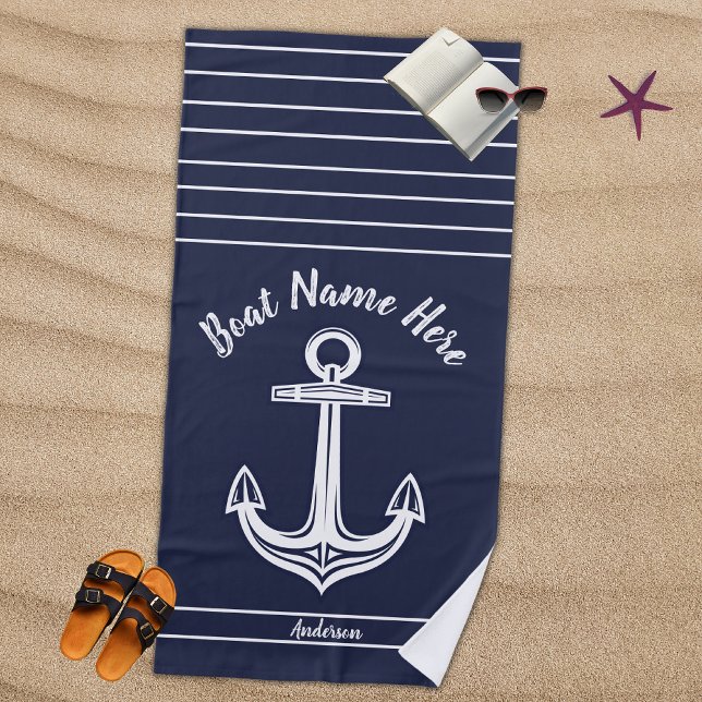 Navy Blue Nautical Anchor Add Boat Name  Beach Towel (Creator Uploaded)