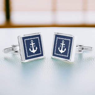 Navy Blue Nautical Anchor and Framed Monogram Cufflinks