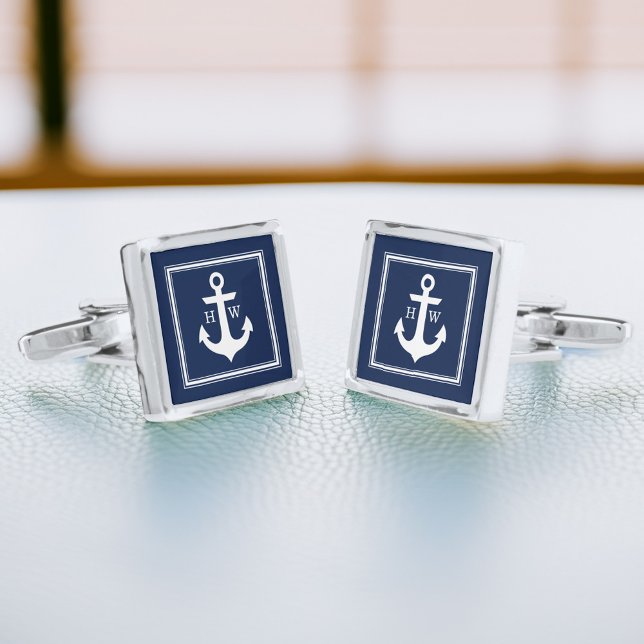 Navy Blue Nautical Anchor and Framed Monogram Cufflinks (Creator Uploaded)