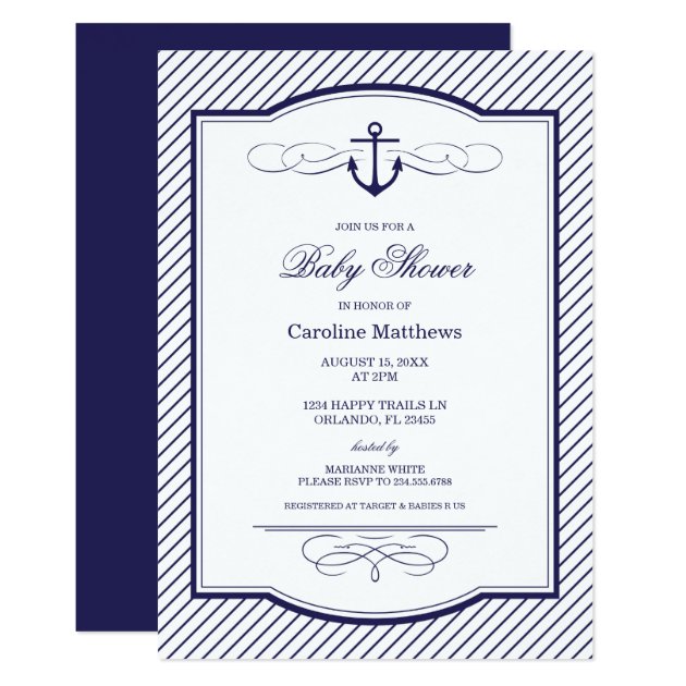 Navy Blue Nautical Anchor And Stripes Baby Shower Invitation