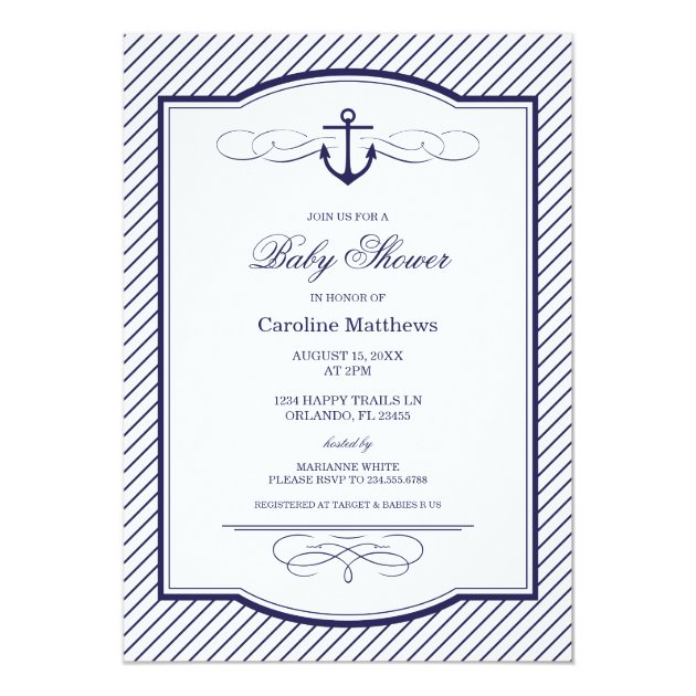 Navy Blue Nautical Anchor And Stripes Baby Shower Invitation