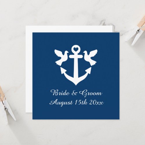 Navy blue nautical anchor and white doves wedding invitation