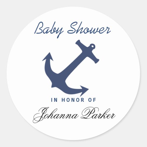 Navy Blue Nautical Anchor Baby Shower Classic Round Sticker