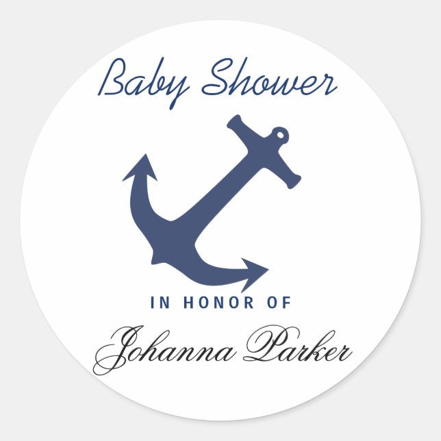 Navy Blue Nautical Anchor Baby Shower Classic Round Sticker (Front)