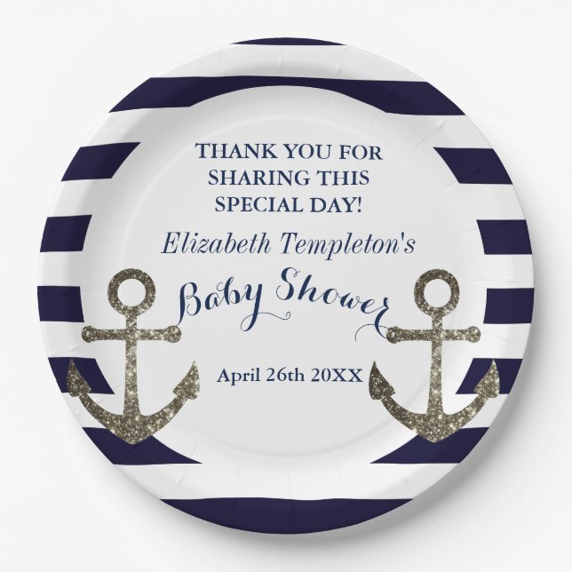 Navy Blue Nautical Anchor Baby Shower Paper Plates (Front)