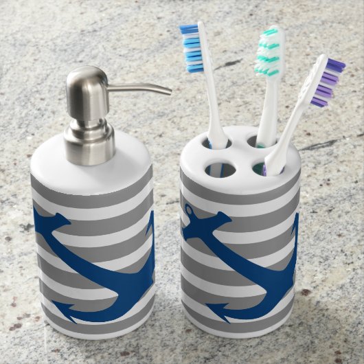 Navy Blue Nautical Anchor Bathroom Accessory Set (Front)