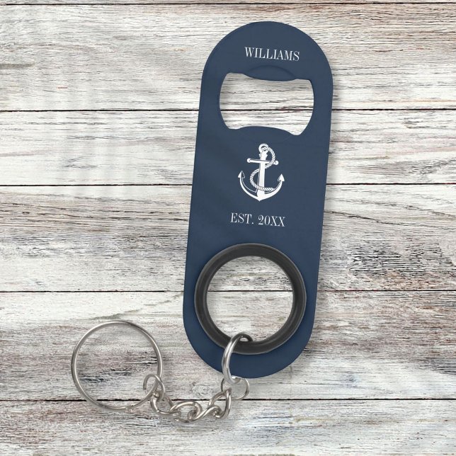 Navy Blue Nautical Anchor Boat Family Name Keychain Bottle Opener (Navy Blue Nautical Anchor Boat Family Name Keychain Bottle Opener)