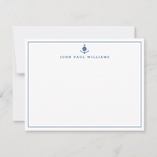 Navy Blue Nautical Anchor Boat Helm Border Line Note Card (Front)