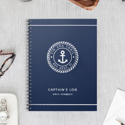 Navy Blue Nautical Anchor Boat Name Captain&#39;s Log Notebook