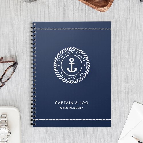 Navy Blue Nautical Anchor Boat Name Captains Log Notebook