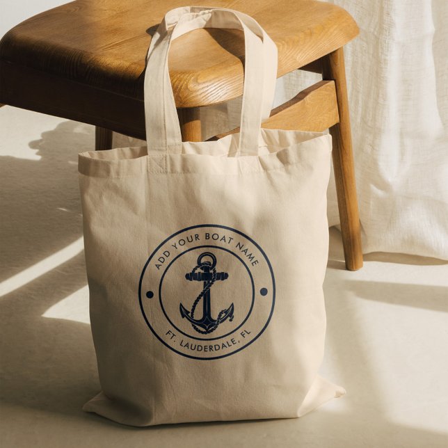 Navy Blue Nautical Anchor Boat Name Cruise Custom Tote Bag (Nautical Anchor Captain Sailor Navy Blue Boating Tote Bag)