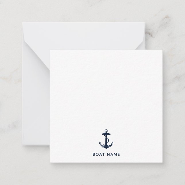 Navy Blue Nautical Anchor Boat Name Custom Note Card (Front)