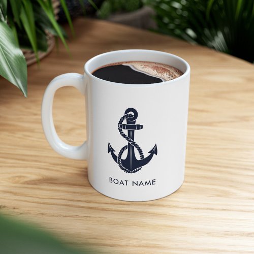 Navy Blue Nautical Anchor Boat Name Custom Two_Tone Coffee Mug