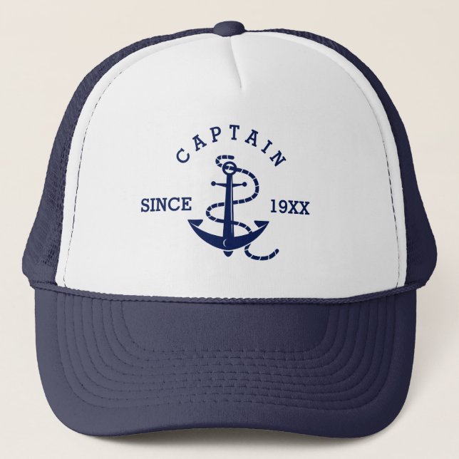 Navy Blue Nautical Anchor Captain Custom Year Trucker Hat (Front)