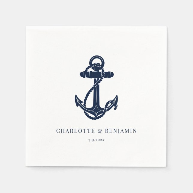 Navy Blue Nautical Anchor Coastal Wedding Paper Napkins (Front)