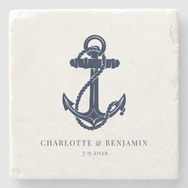 Navy Blue Nautical Anchor Coastal Wedding Stone Coaster (Front)