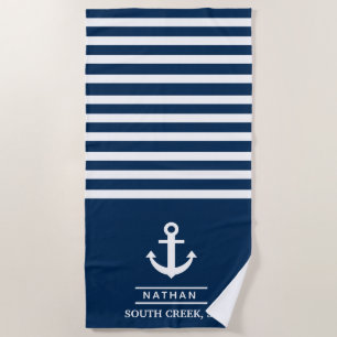 Navy Blue Nautical Anchor Custom Monogram Name  Beach Towel