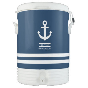 Navy Blue Nautical Anchor Custom Name Beverage Cooler