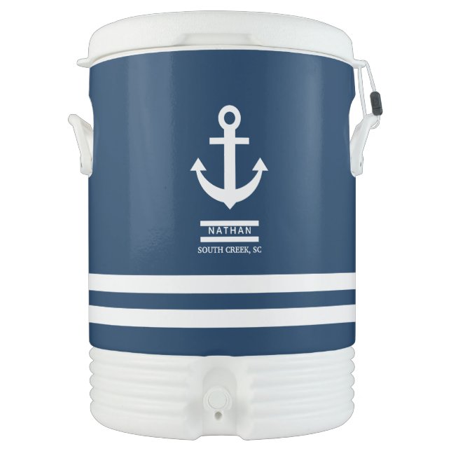 Navy Blue Nautical Anchor Custom Name  Beverage Cooler (Front)