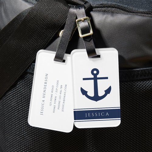 Navy Blue Nautical Anchor Custom Name  Luggage Tag