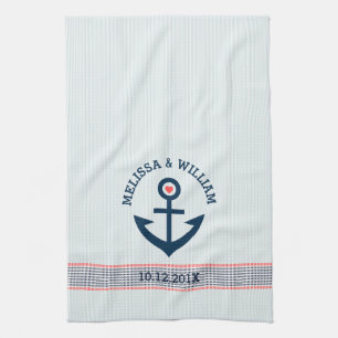 Navy Blue Nautical Anchor & Decorative Stripes Towel