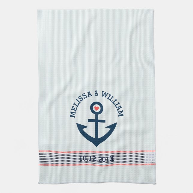 Navy Blue Nautical Anchor & Decorative Stripes Towel (Vertical)