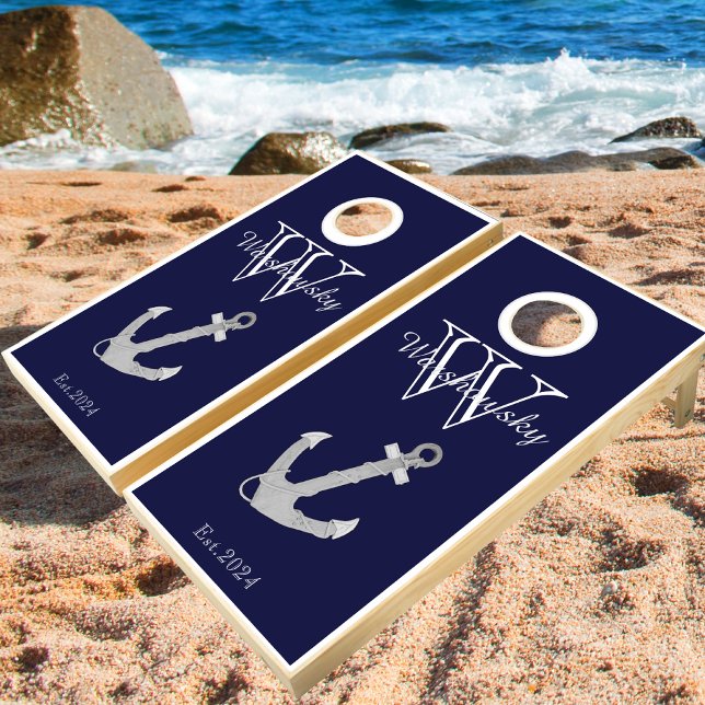 Navy Blue Nautical Anchor Family Monogram Cornhole Set (Creator Uploaded)