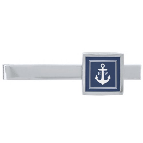 Navy Blue Nautical Anchor Framed Monogram Silver Finish Tie Clip