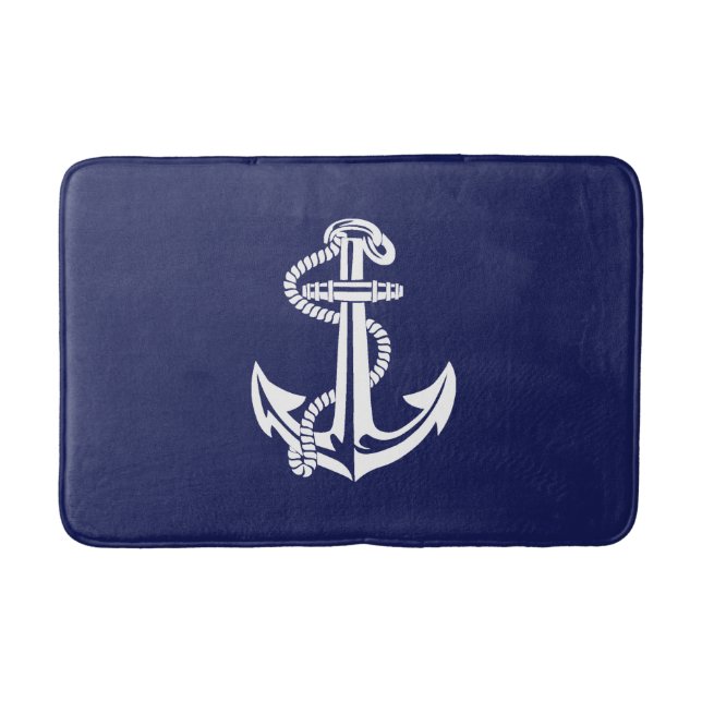 Navy Blue Nautical Anchor Grey Bath Mat (Front)