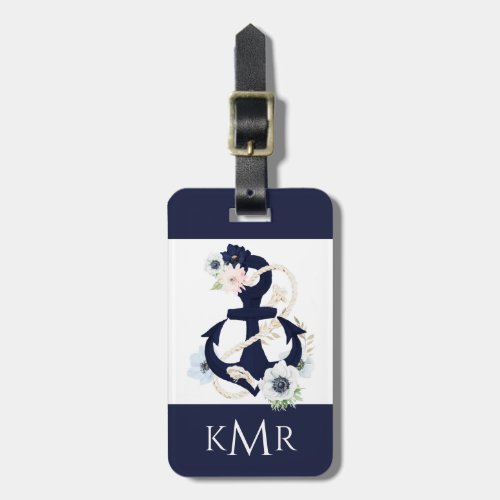 Navy blue nautical anchor marina floral bloom luggage tag