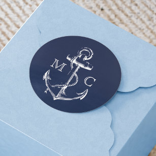 Navy Blue Nautical Anchor Monogram Classic Round Sticker
