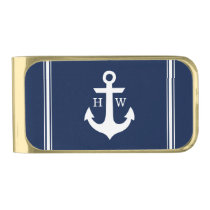 Navy Blue Nautical Anchor Monogram Gold Finish Money Clip
