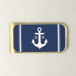 Navy Blue Nautical Anchor Monogram Gold Finish Money Clip<br><div class="desc">Modern and stylish monogram design features an anchor and a two-letter monogram.</div>