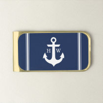 Navy Blue Nautical Anchor Monogram Gold Finish Money Clip