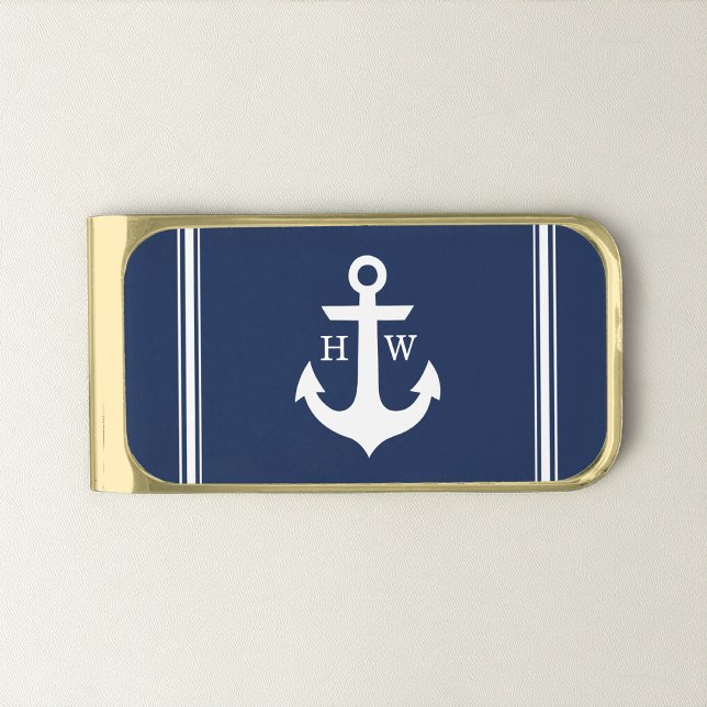 Navy Blue Nautical Anchor Monogram Gold Finish Money Clip (Creator Uploaded)