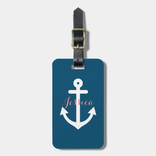 Navy Blue Nautical Anchor Monogram Luggage Tag