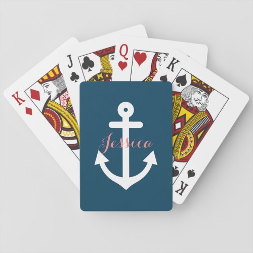 Navy Blue Nautical Anchor Monogram Playing Cards