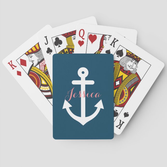 Navy Blue Nautical Anchor Monogram Poker Cards (Back)