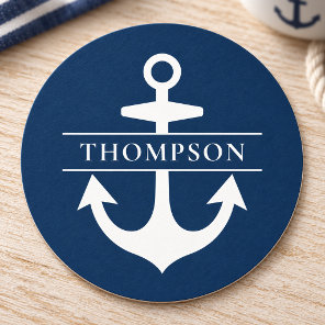 Navy Blue Nautical Anchor Monogram Round Paper Coaster