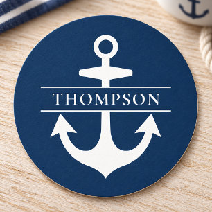 Navy Blue Nautical Anchor Monogram Round Paper Coaster