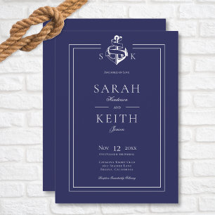 Navy Blue Nautical Anchor Monogram Wedding Invitation
