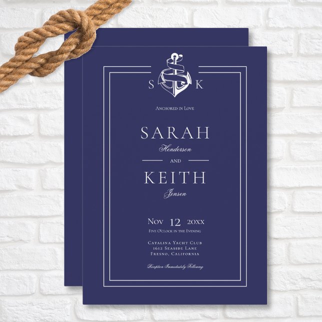 Navy Blue Nautical Anchor Monogram Wedding Invitation (Navy Nautical Monogram Wedding Invitation)