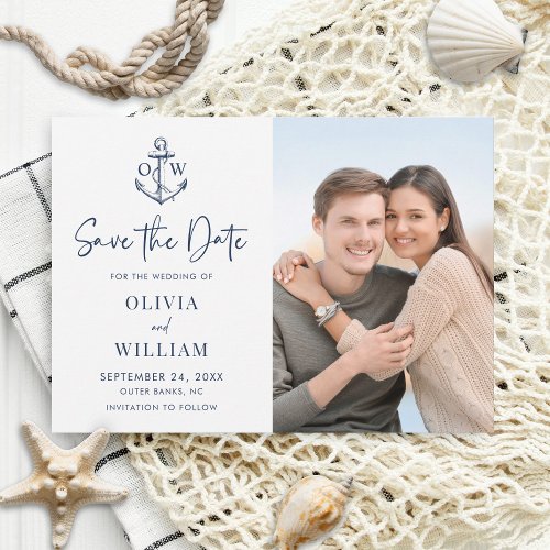 Navy Blue Nautical Anchor Monogram Wedding Photo Save The Date