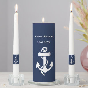 Navy Blue Nautical Anchor Monogrammed Elegant Unity Candle Set